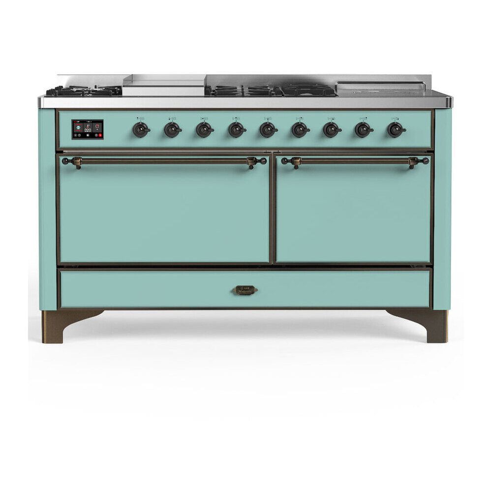 ILVE Majestic III 60-Inch LP Dual Fuel Range, 5 Burners, Griddle, French Top, Solid Door, Mediterranean Mint, Burnished Trim (UM60FSQNR3MMBLP)