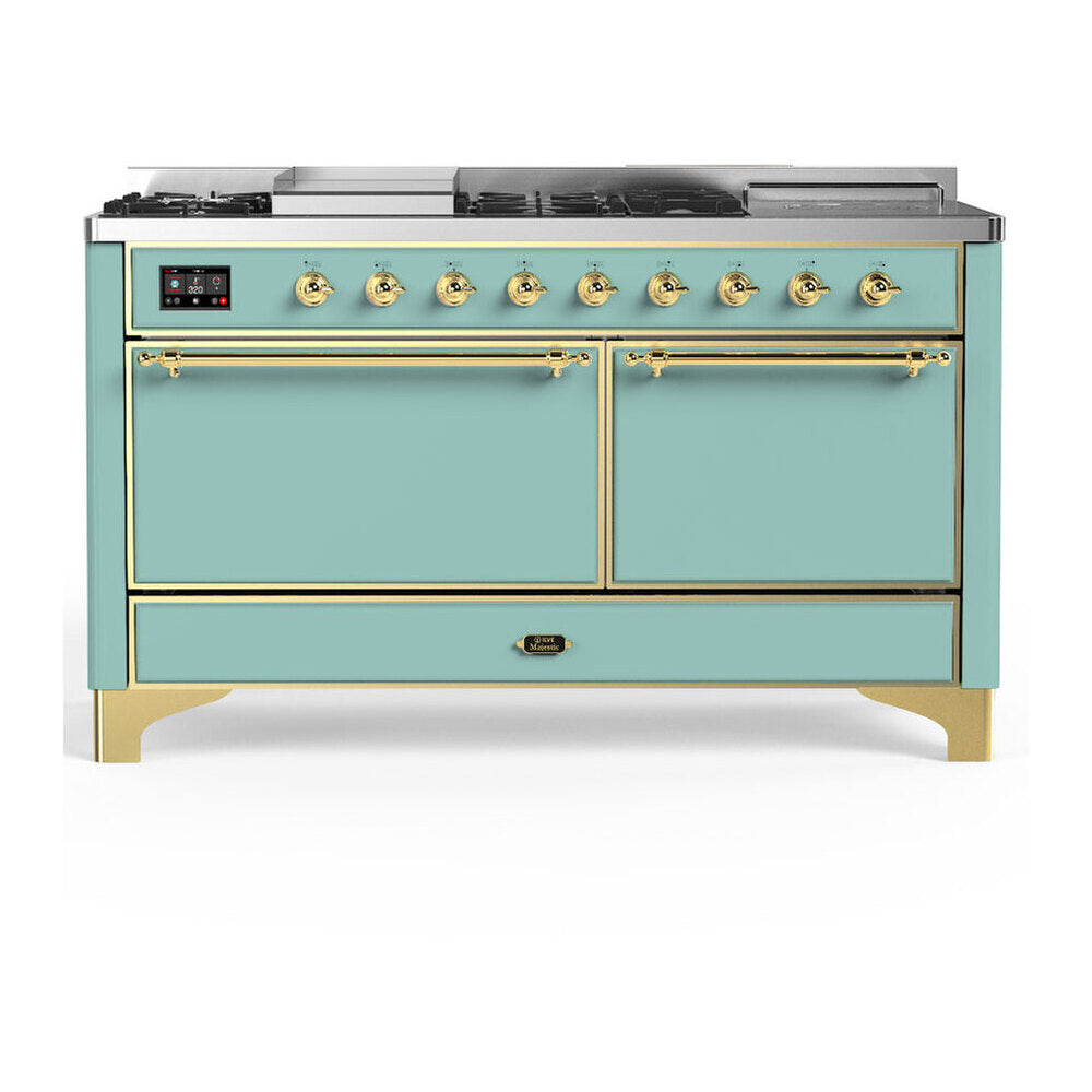 ILVE Majestic III 60-Inch NG Dual Fuel Range, 7 Burners, Griddle, French Top, Solid Door, Mediterranean Mint with Brass Trim (UM60FSQNR3MMG)