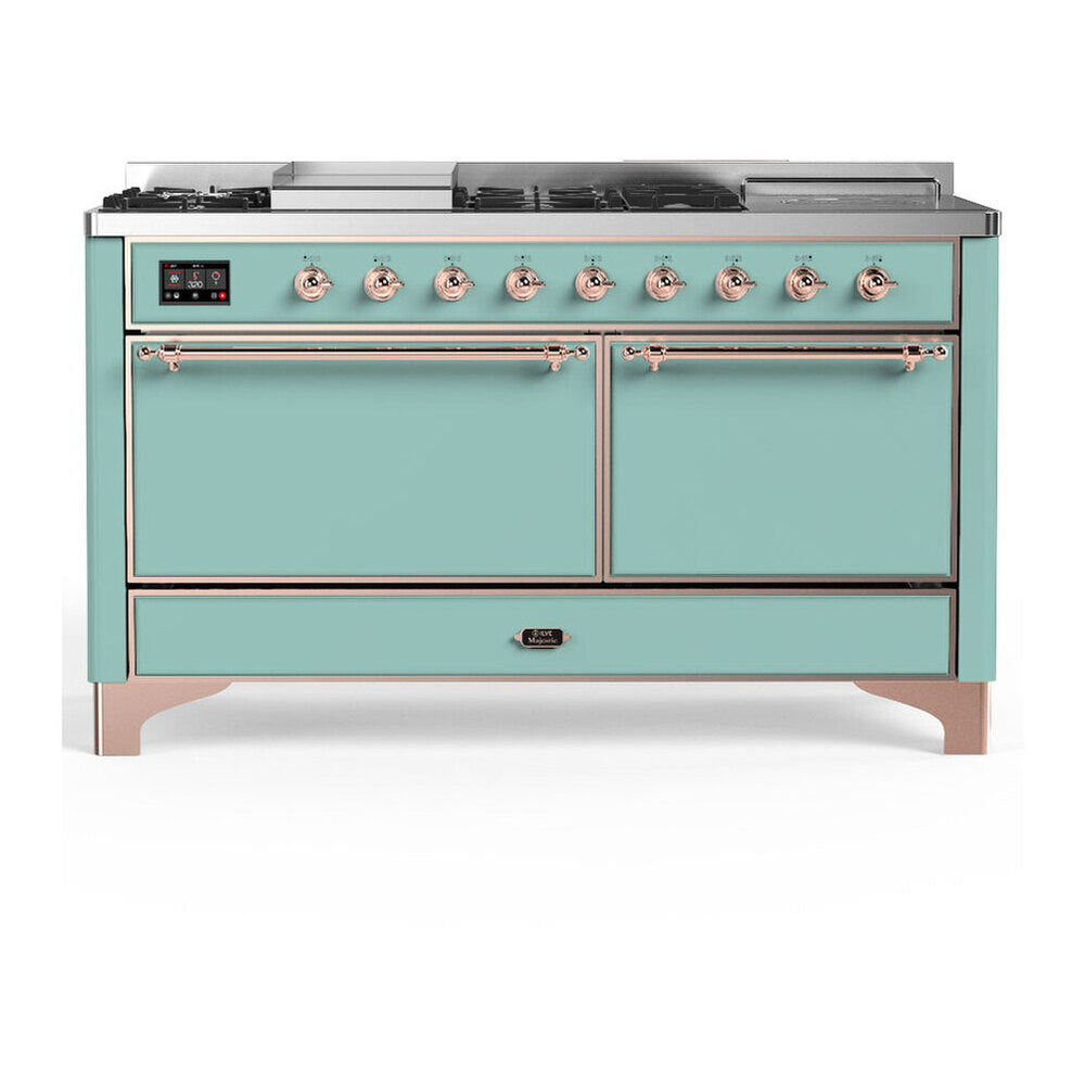 ILVE Majestic III 60-Inch NG Dual Fuel Range, 7 Burners, Griddle, French Top, Solid Door, Mediterranean Mint with Copper Trim (UM60FSQNR3MMP)