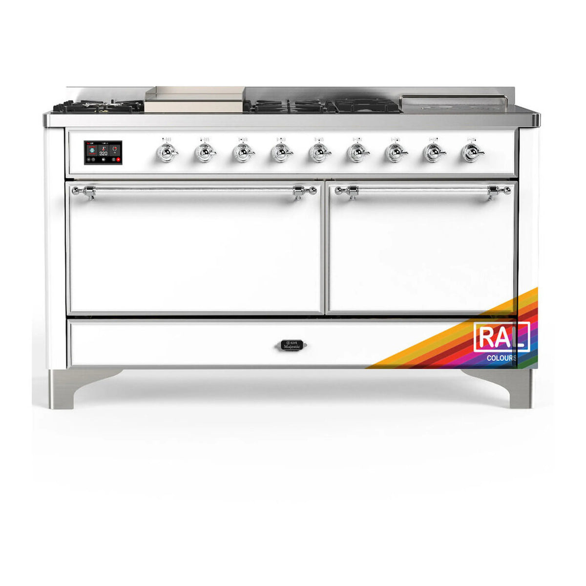 ILVE Majestic III 60-Inch NG Dual Fuel Range, 7 Burners, Griddle, French Top, Solid Door, RAL with Chrome Trim (UM60FSQNR3RAC)