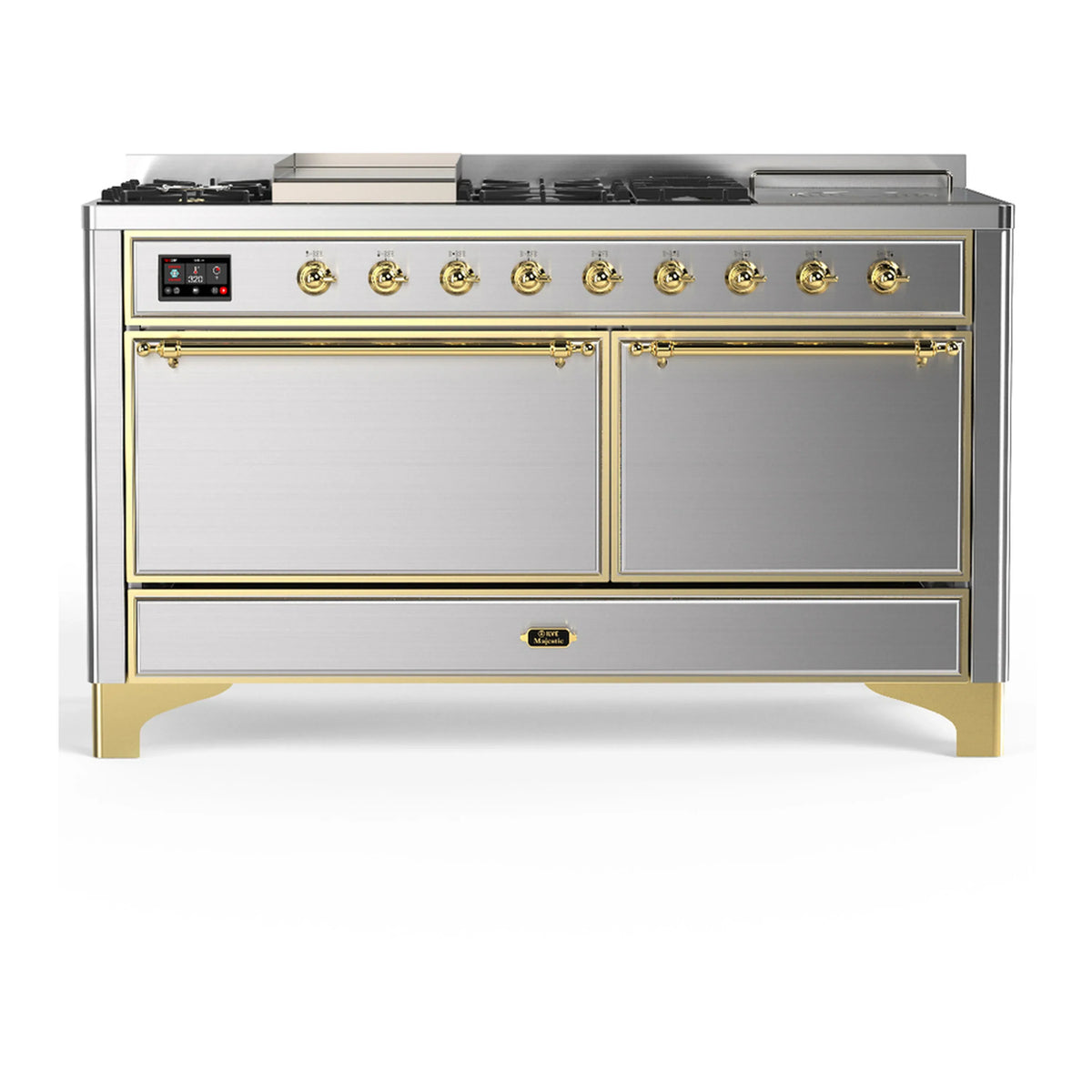 ILVE Majestic III 60-Inch LP Dual Fuel Range, 5 Burners, Griddle, French Top, Solid Door, Stainless Steel, Brass Trim (UM60FSQNR3SSGLP)
