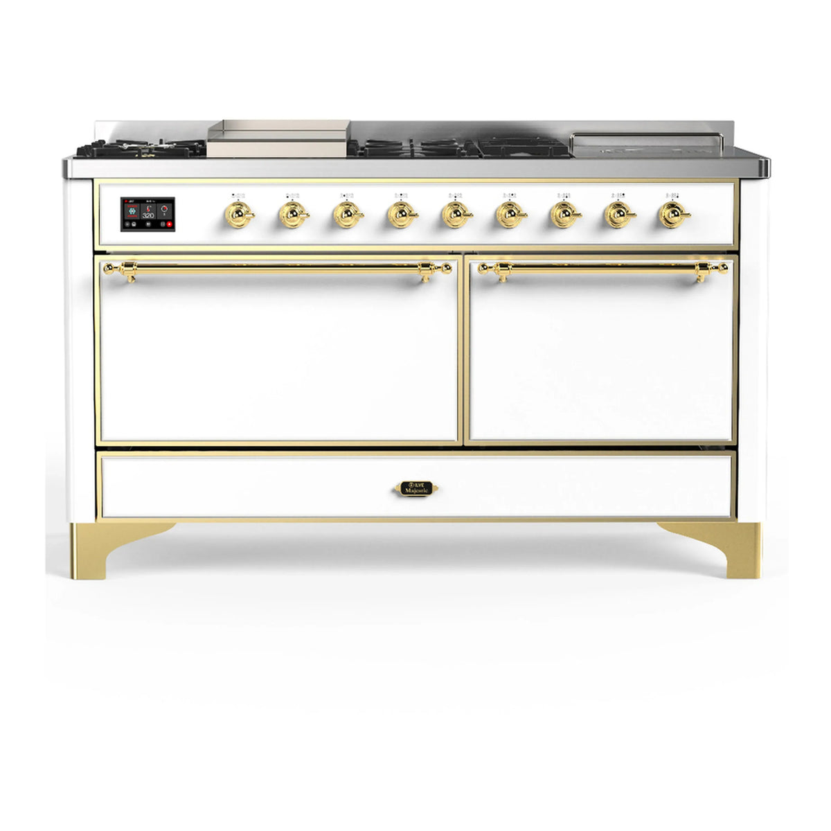 ILVE Majestic III 60-Inch LP Dual Fuel Range, 5 Burners, Griddle, French Top, Solid Door, White, Brass Trim (UM60FSQNR3WHGLP)