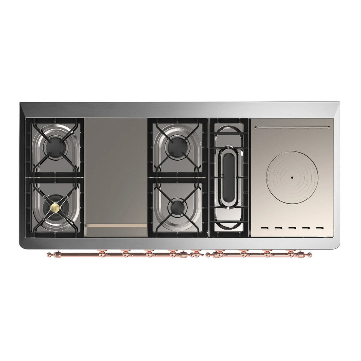 ILVE Majestic III 60-Inch LP Dual Fuel Range, 5 Burners, Griddle, French Top, Solid Door, White, Copper Trim (UM60FSQNR3WHPLP)
