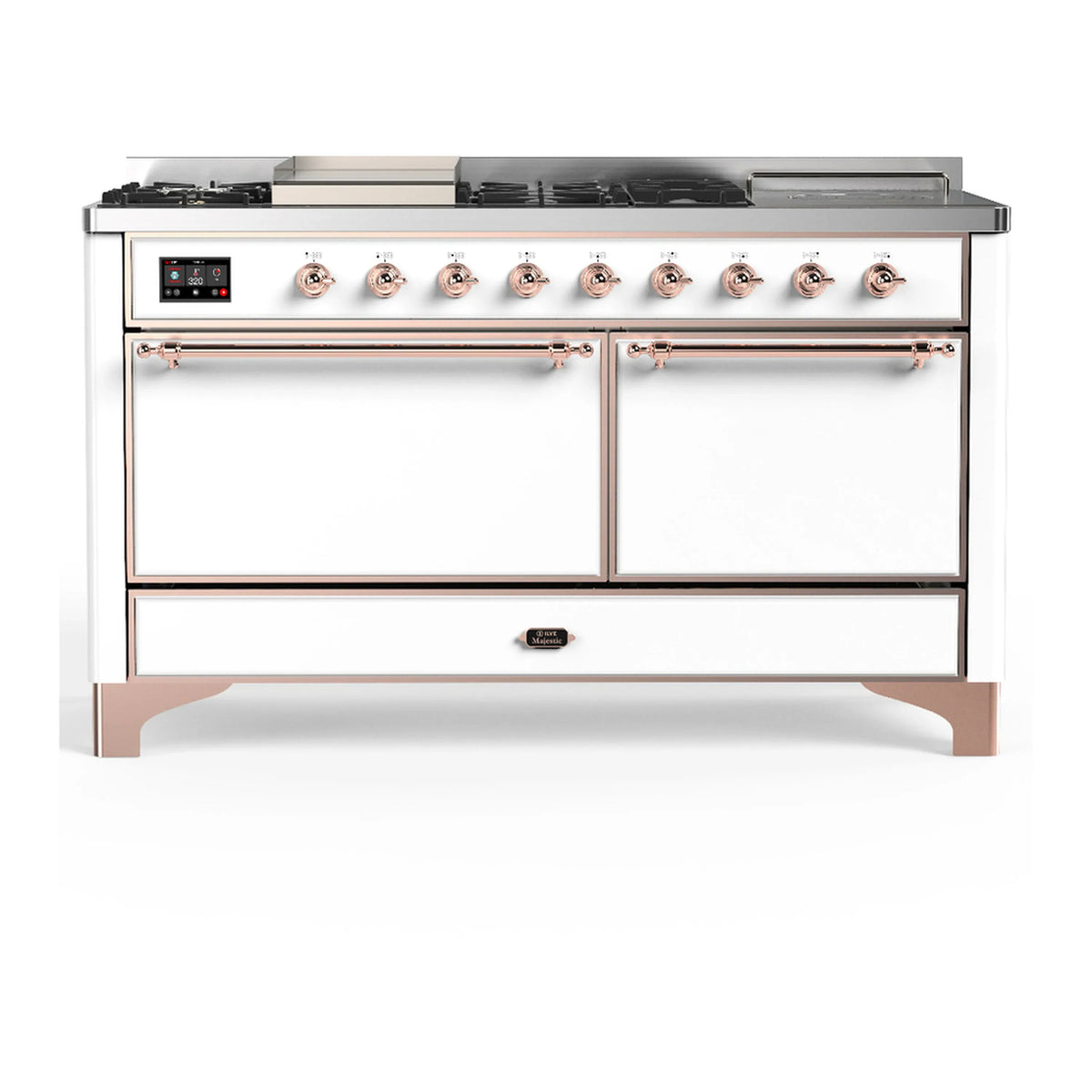 ILVE Majestic III 60-Inch NG Dual Fuel Range, 7 Burners, Griddle, French Top, Solid Door, White with Copper Trim (UM60FSQNR3WHP)
