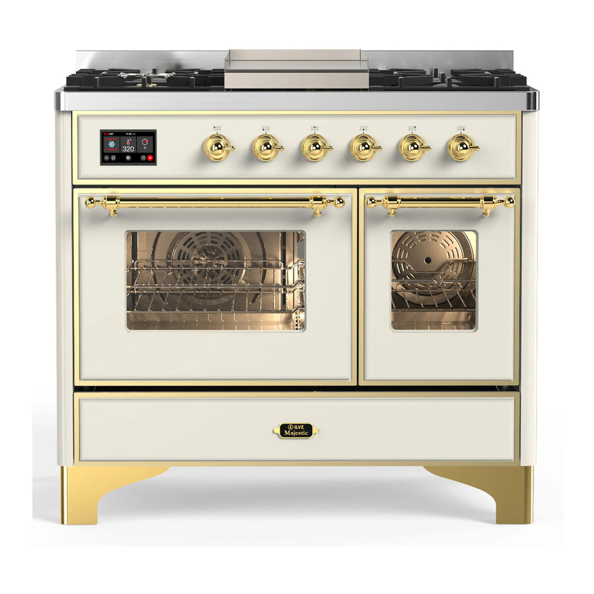 ILVE Majestic III 40-Inch LP Dual Fuel Range, 5 Burners, Griddle, Triple Glass Door Oven, Antique White with Brass Trim (UMD40FNR3AWGLP)