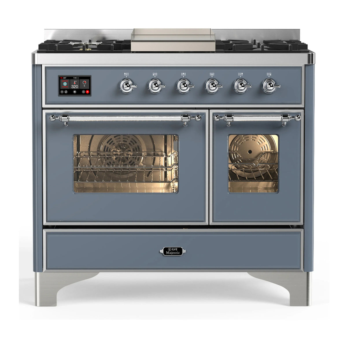 ILVE Majestic III 40-Inch NG Dual Fuel Range, 6 Burners, Griddle, Triple Glass Door Oven, Blue Grey with Chrome Trim (UMD40FNR3BGC)