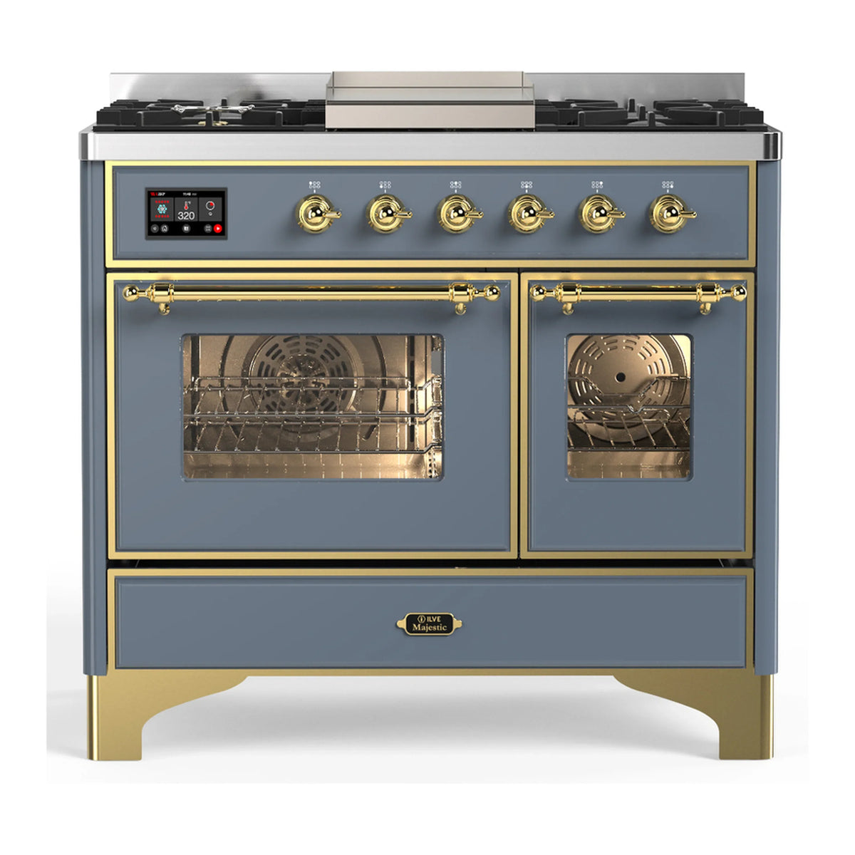 ILVE Majestic III 40-Inch NG Dual Fuel Range, 6 Burners, Griddle, Triple Glass Door Oven, Blue Grey with Brass Trim (UMD40FNR3BGG)