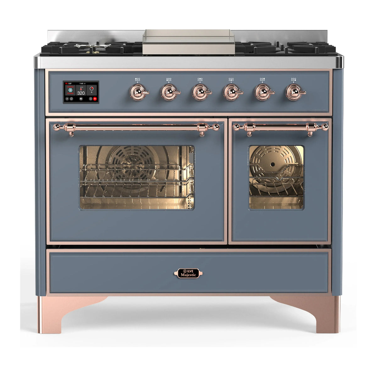 ILVE Majestic III 40-Inch LP Dual Fuel Range, 5 Burners, Griddle, Triple Glass Door Oven, Blue Grey with Copper Trim (UMD40FNR3BGPLP)
