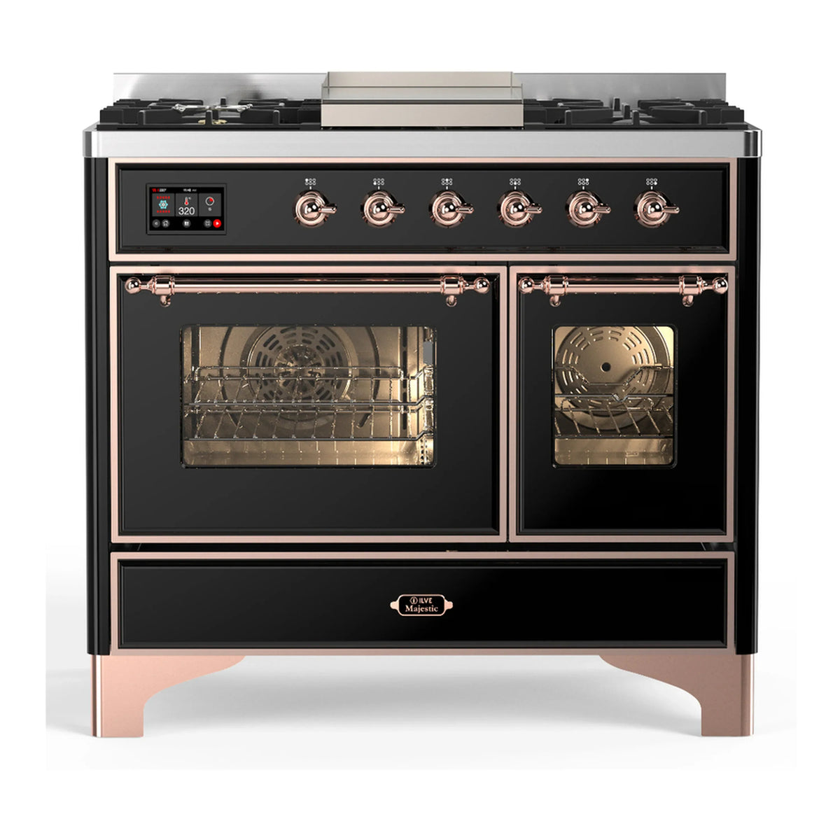 ILVE Majestic III 40-Inch NG Dual Fuel Range, 6 Burners, Griddle, Triple Glass Door Oven, Glossy Black with Copper Trim (UMD40FNR3BKP)