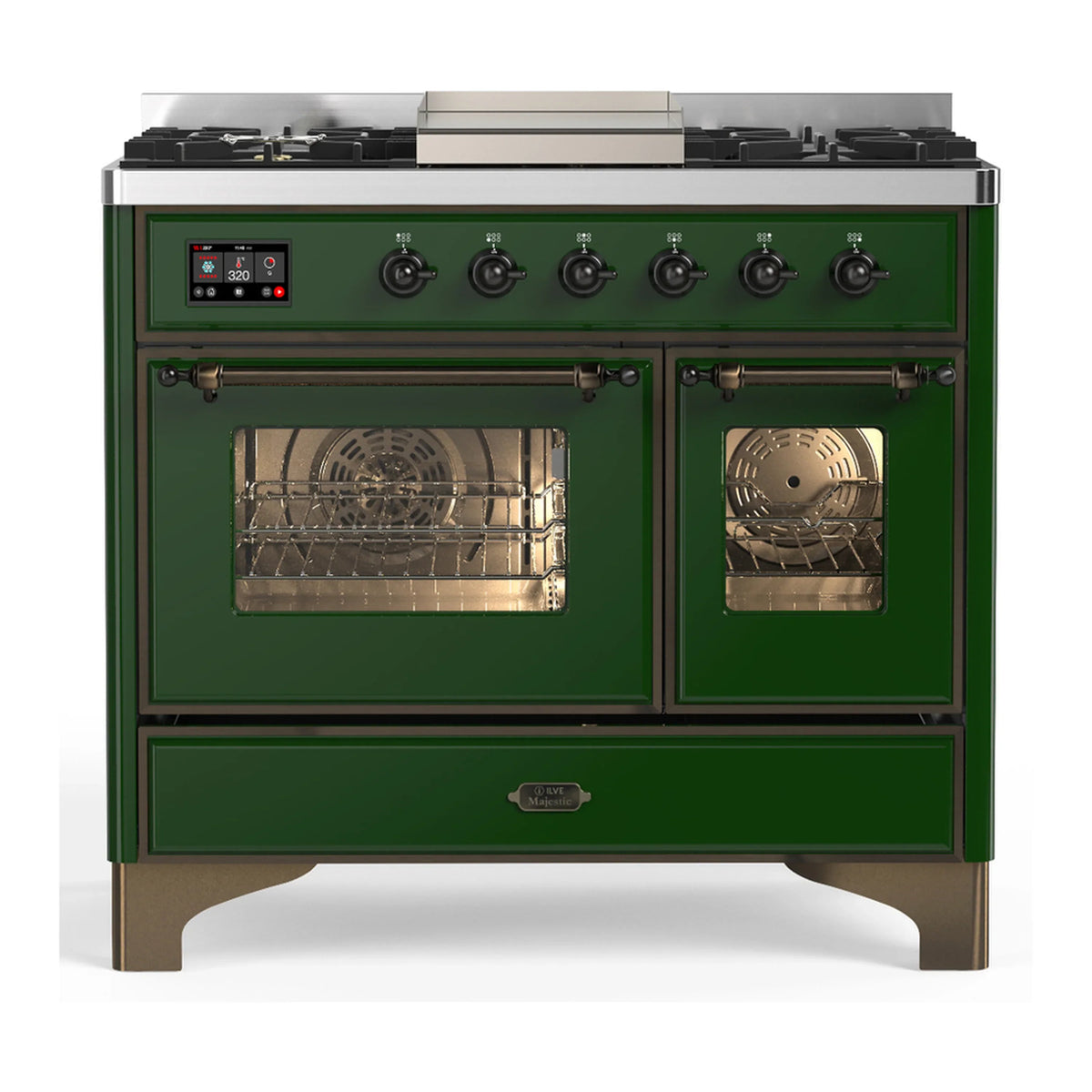 ILVE Majestic III 40-Inch NG Dual Fuel Range, 6 Burners, Griddle, Triple Glass Door Oven, Emerald Green with Burnished Trim (UMD40FNR3EGB)