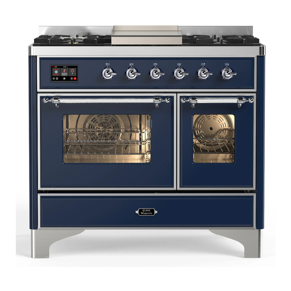 ILVE Majestic III 40-Inch NG Dual Fuel Range, 6 Burners, Griddle, Triple Glass Door Oven, Midnight Blue with Chrome Trim (UMD40FNR3MBC)