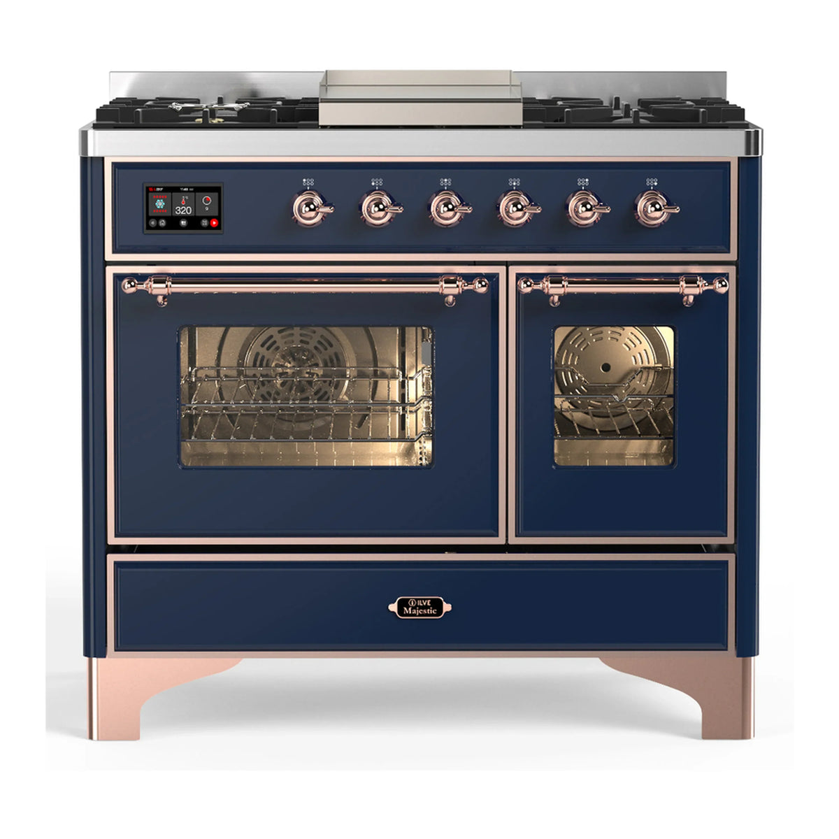 ILVE Majestic III 40-Inch NG Dual Fuel Range, 6 Burners, Griddle, Triple Glass Door Oven, Midnight Blue with Copper Trim (UMD40FNR3MBP)