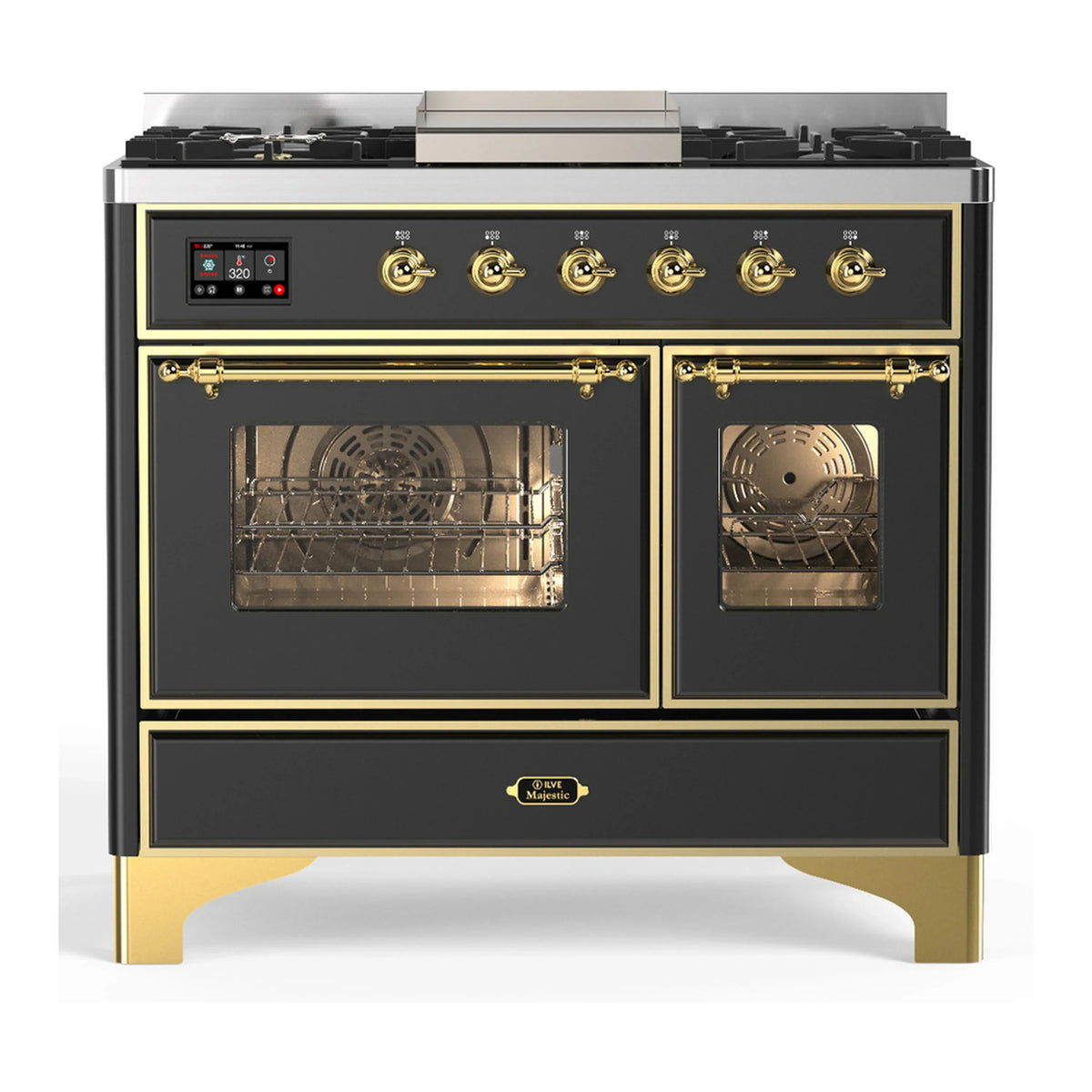 ILVE Majestic III 40-Inch LP Dual Fuel Range, 5 Burners, Griddle, Triple Glass Door Oven, Graphite Matte with Brass Trim (UMD40FNR3MGGLP)