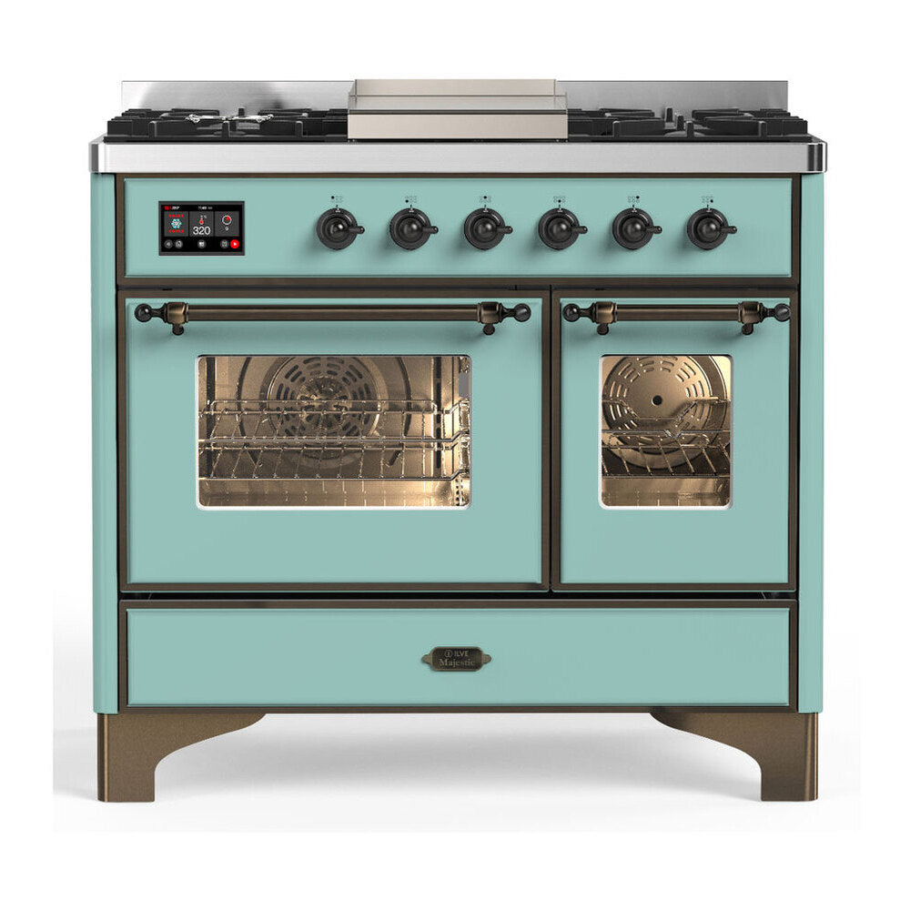 ILVE Majestic III 40-Inch NG Dual Fuel Range, 6 Burners, Griddle, Triple Glass Door Oven, Mediterranean Mint with Burnished Trim (UMD40FNR3MMB)