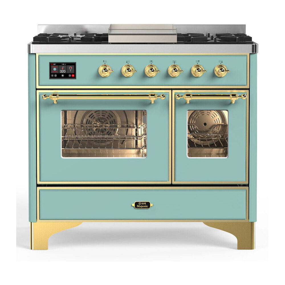 ILVE Majestic III 40-Inch NG Dual Fuel Range, 6 Burners, Griddle, Triple Glass Door Oven, Mediterranean Mint with Brass Trim (UMD40FNR3MMG)