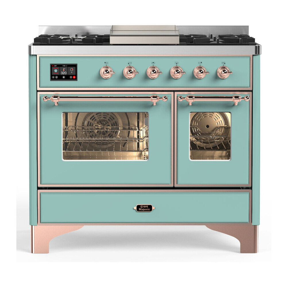 ILVE Majestic III 40-Inch NG Dual Fuel Range, 6 Burners, Griddle, Triple Glass Door Oven, Mediterranean Mint with Copper Trim (UMD40FNR3MMP)