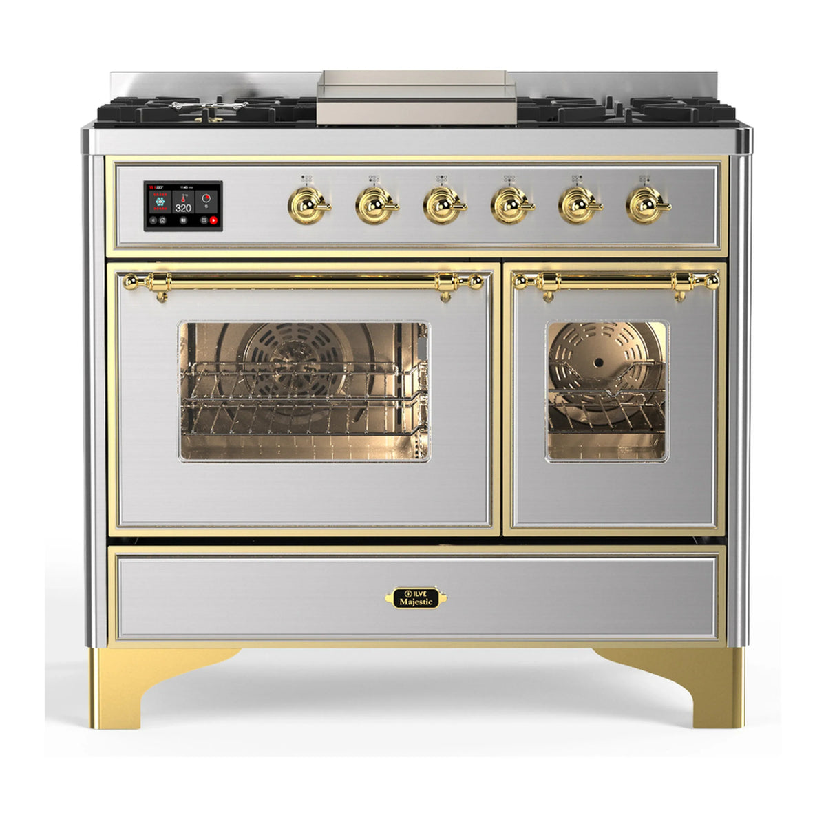 ILVE Majestic III 40-Inch LP Dual Fuel Range, 5 Burners, Griddle, Triple Glass Door Oven, Stainless Steel with Brass Trim (UMD40FNR3SSGLP)