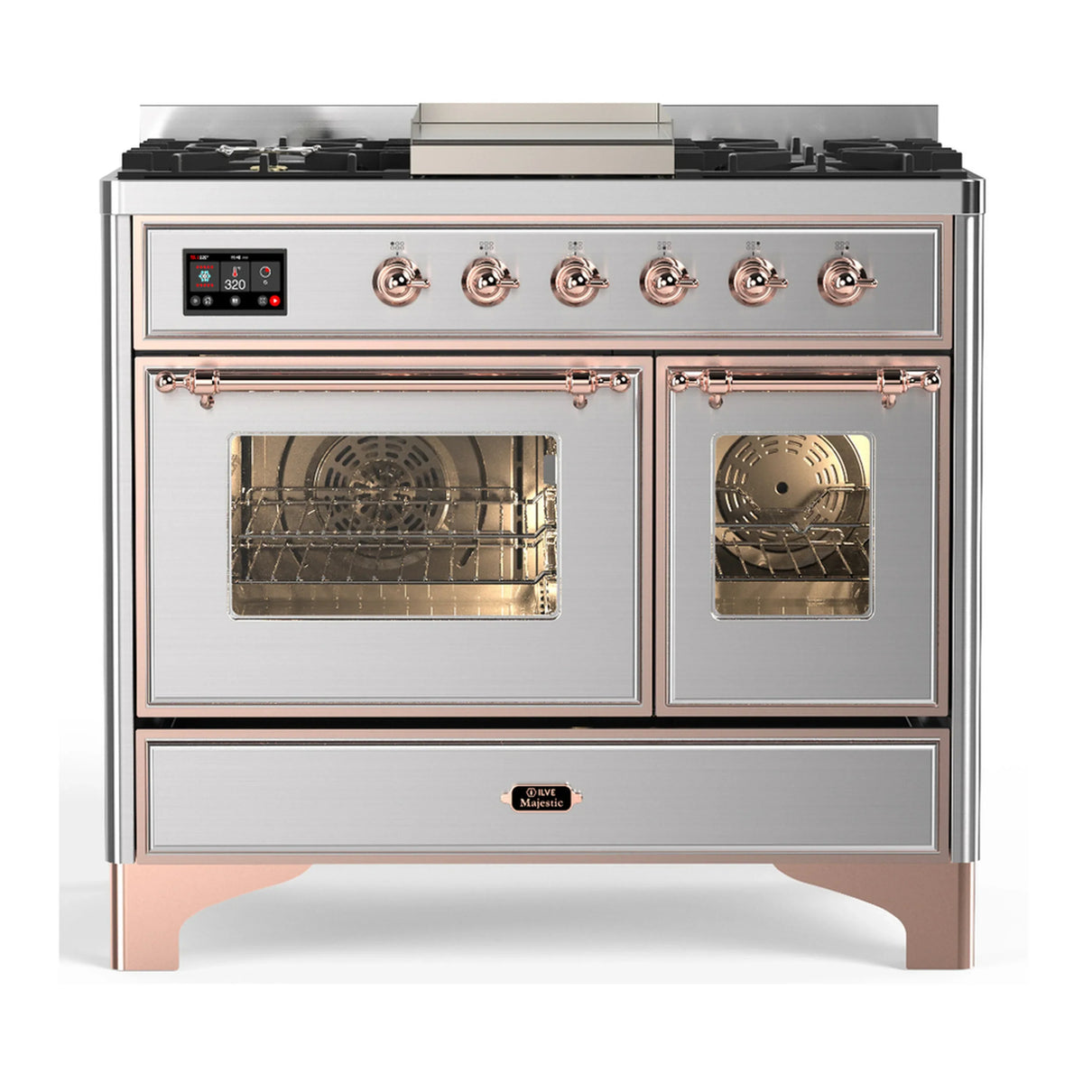 ILVE Majestic III 40-Inch NG Dual Fuel Range, 6 Burners, Griddle, Triple Glass Door Oven, Stainless Steel with Copper Trim (UMD40FNR3SSP)