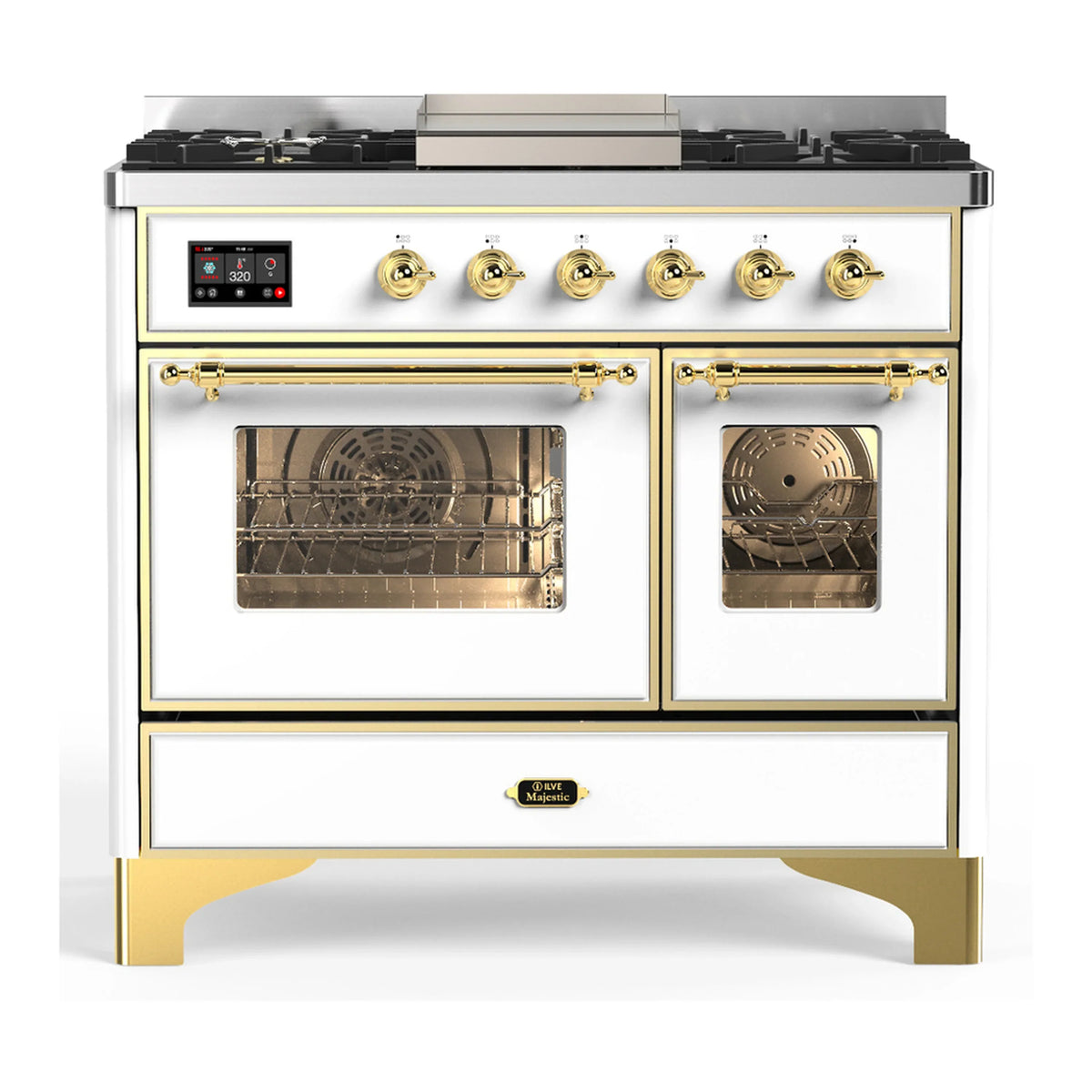 ILVE Majestic III 40-Inch LP Dual Fuel Range, 5 Burners, Griddle, Triple Glass Door Oven, White with Brass Trim (UMD40FNR3WHGLP)