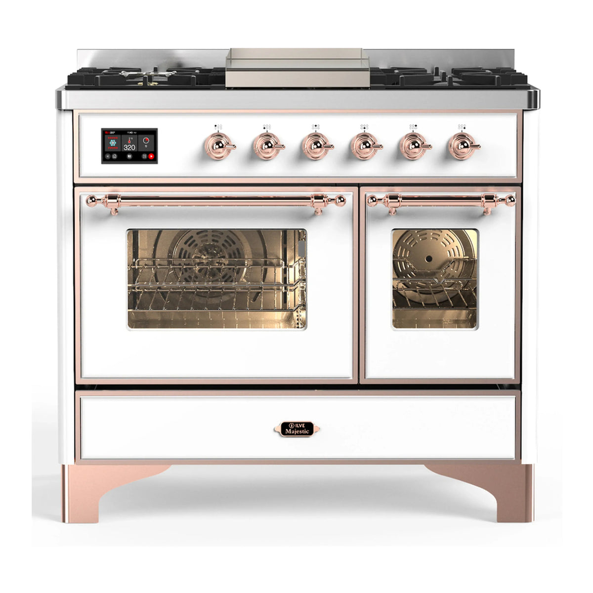 ILVE Majestic III 40-Inch NG Dual Fuel Range, 6 Burners, Griddle, Triple Glass Door Oven, White with Copper Trim (UMD40FNR3WHP)