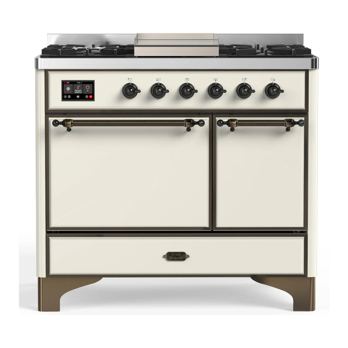 ILVE Majestic III 40-Inch NG Dual Fuel Range, 6 Burners, Griddle, Solid Door Oven, Antique White with Burnished Trim (UMD40FQNR3AWB)