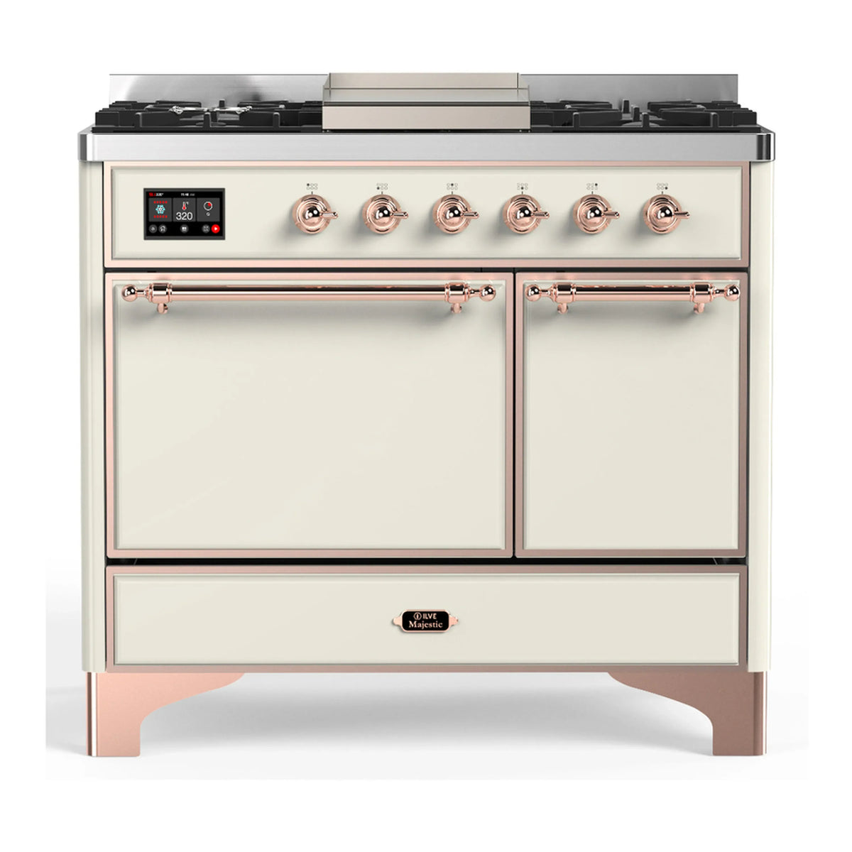 ILVE Majestic III 40-Inch Propane Dual Fuel Range, 5 Burners, Griddle, Solid Door, Antique White with Copper Trim (UMD40FQNR3AWPLP)