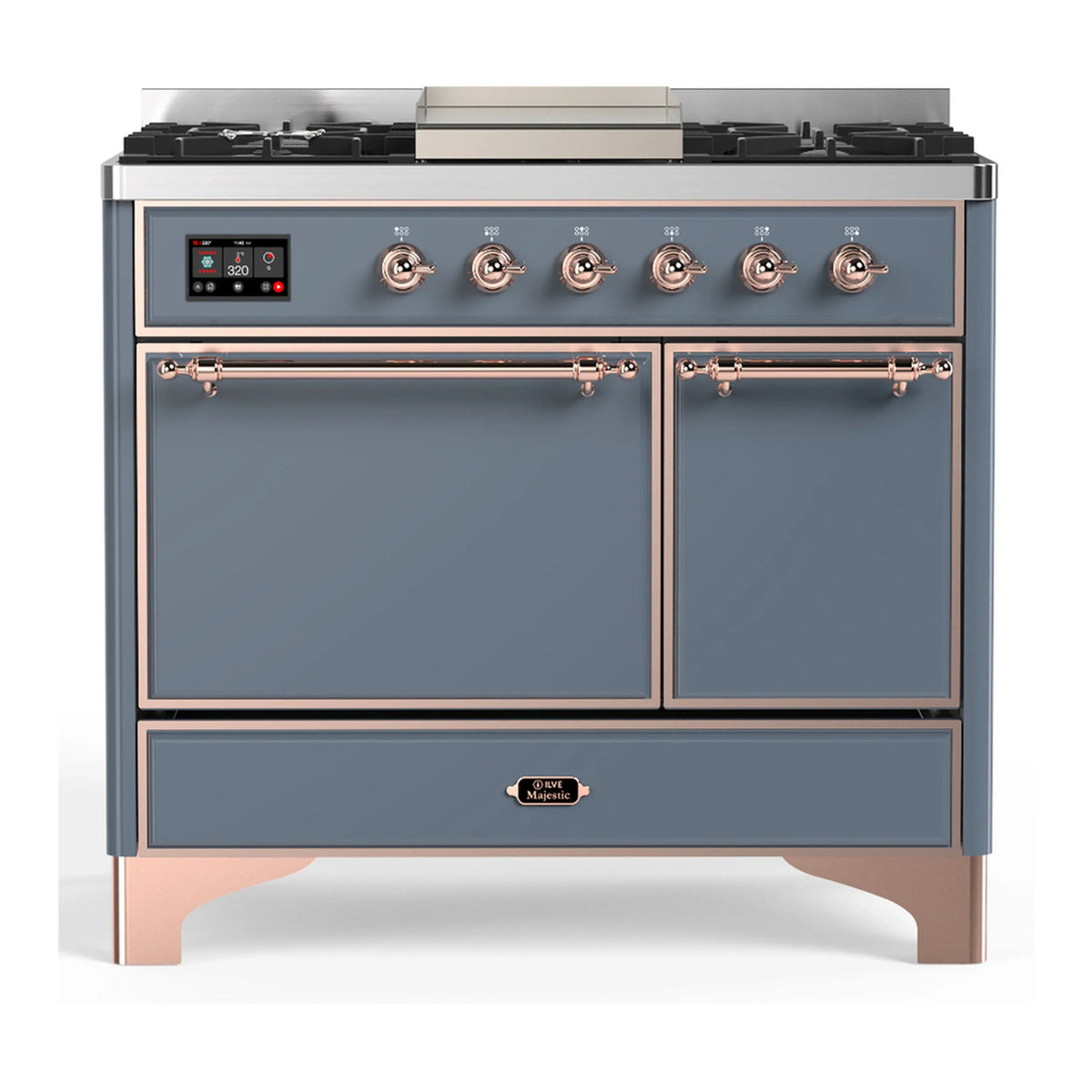 ILVE Majestic III 40-Inch NG Dual Fuel Range, 6 Burners, Griddle, Solid Door Oven, Blue Grey with Copper Trim (UMD40FQNR3BGP)