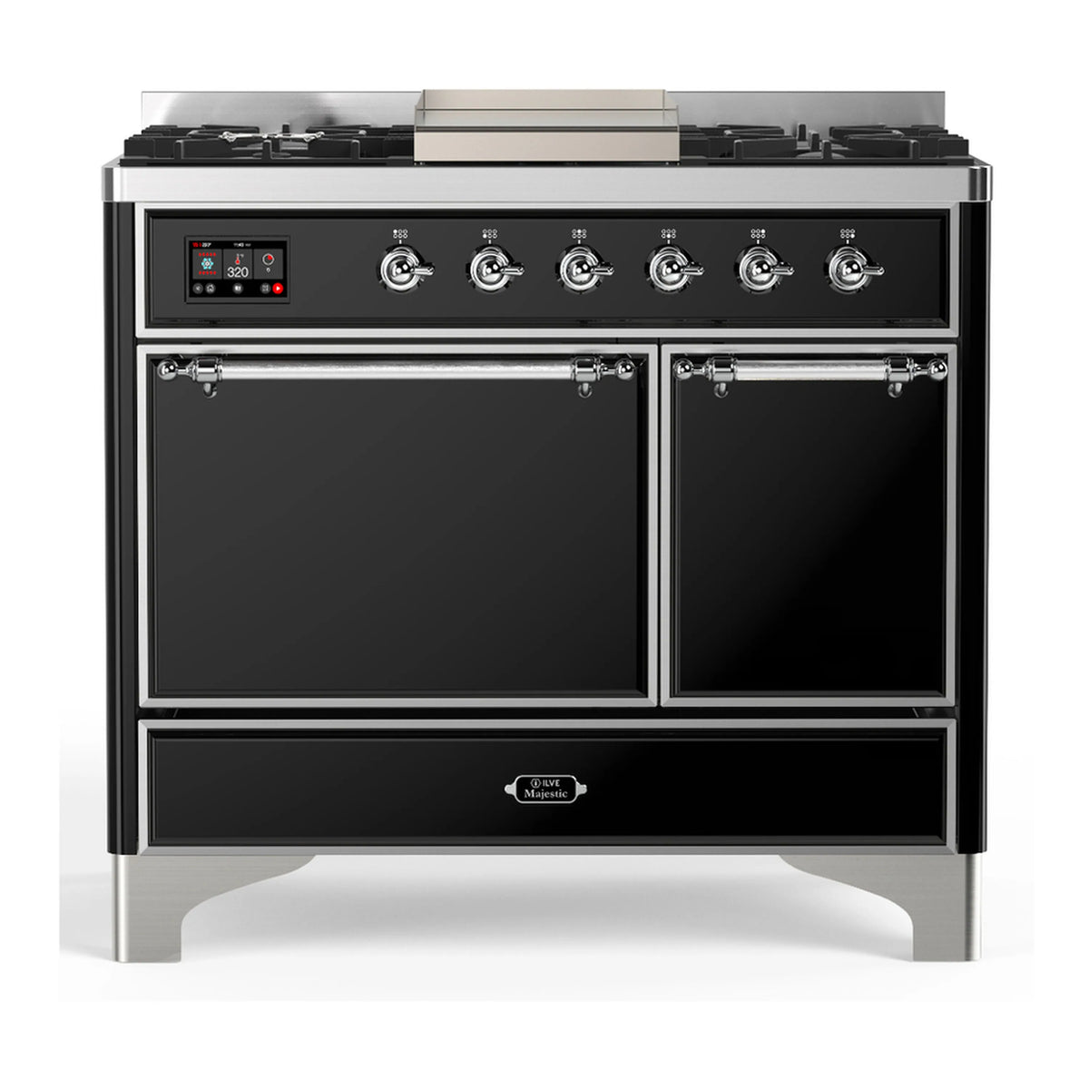 ILVE Majestic III 40-Inch NG Dual Fuel Range, 6 Burners, Griddle, Solid Door Oven, Glossy Black with Chrome Trim (UMD40FQNR3BKC)