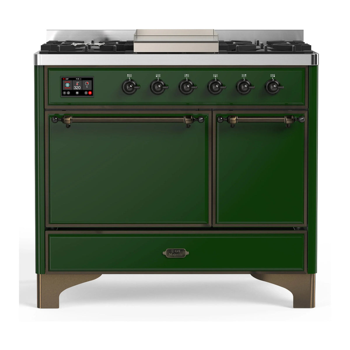 ILVE Majestic III 40-Inch NG Dual Fuel Range, 6 Burners, Griddle, Solid Door Oven, Emerald Green with Burnished Trim (UMD40FQNR3EGB)