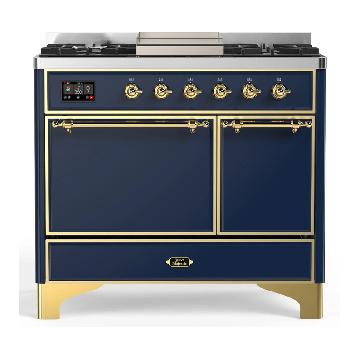 ILVE Majestic III 40-Inch NG Dual Fuel Range, 6 Burners, Griddle, Solid Door Oven, Midnight Blue with Brass Trim (UMD40FQNR3MBG)