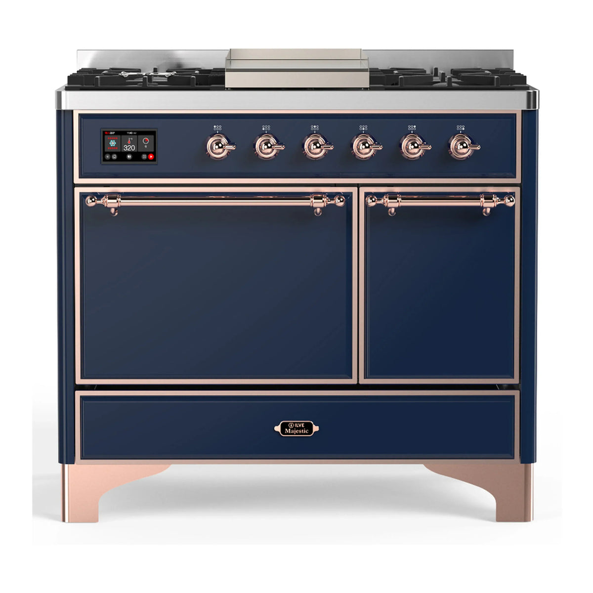 ILVE Majestic III 40-Inch LP Dual Fuel Range, 5 Burners, Griddle, Solid Door Oven, Midnight Blue with Copper Trim (UMD40FQNR3MBPLP)