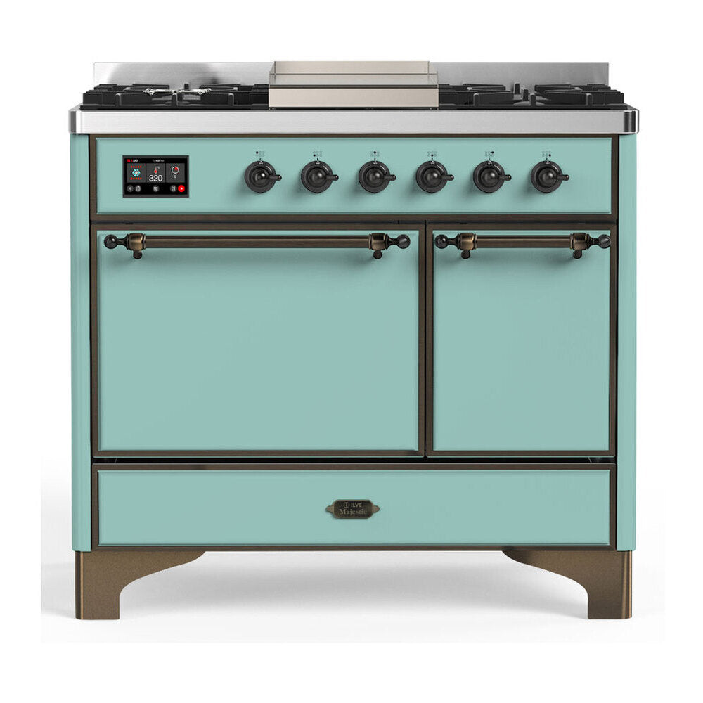 ILVE Majestic III 40-Inch LP Dual Fuel Range, 5 Burners, Griddle, Solid Door Oven, Mediterranean Mint with Burnished Trim (UMD40FQNR3MMBLP)