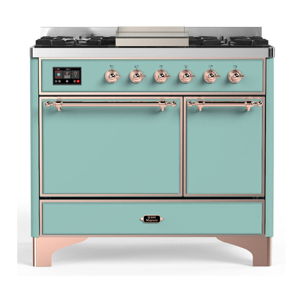 ILVE Majestic III 40-Inch NG Dual Fuel Range, 6 Burners, Griddle, Solid Door Oven, Mediterranean Mint with Copper Trim (UMD40FQNR3MMP)