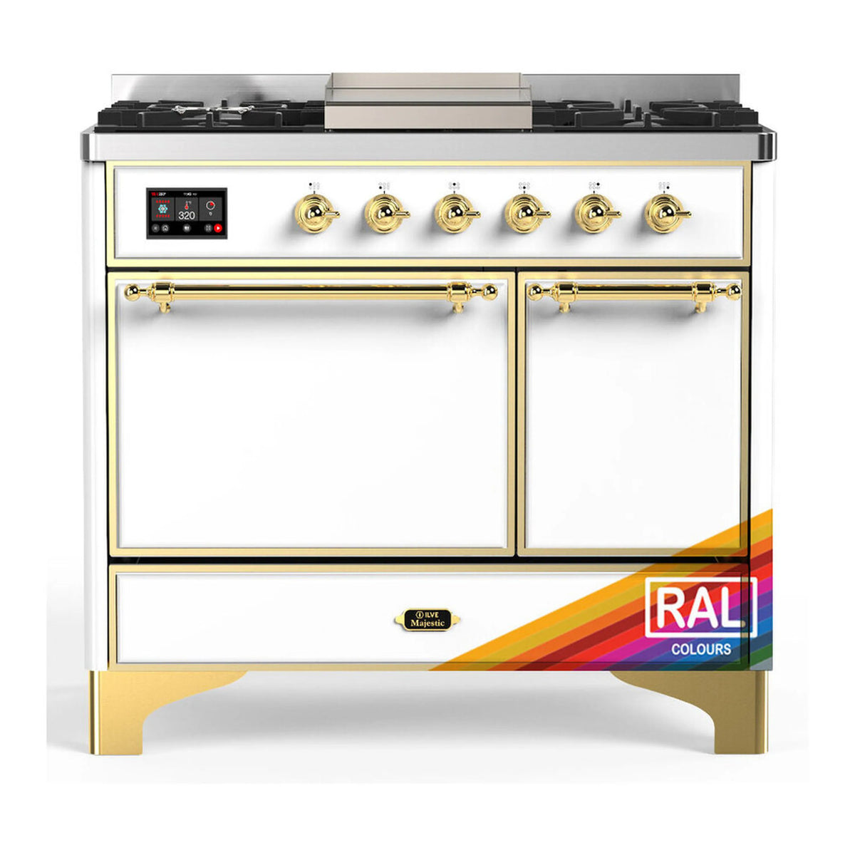 ILVE Majestic III 40-Inch LP Dual Fuel Range, 5 Burners, Griddle, Solid Door Oven, RAL with Brass Trim (UMD40FQNR3RAGLP)