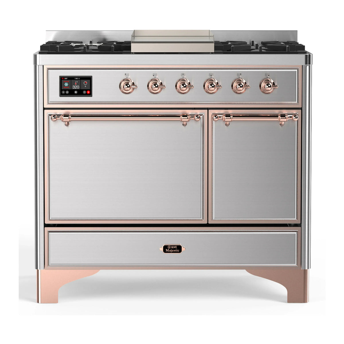 ILVE Majestic III 40-Inch LP Dual Fuel Range, 5 Burners, Griddle, Solid Door Oven, Stainless Steel with Copper Trim (UMD40FQNR3SSPLP)