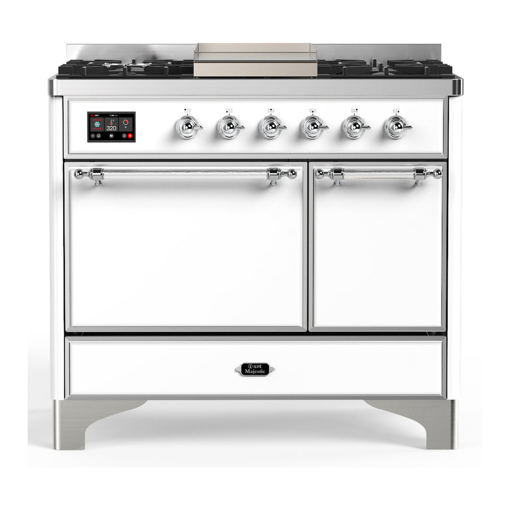 ILVE Majestic III 40-Inch NG Dual Fuel Range, 6 Burners, Griddle, Solid Door Oven, White with Chrome Trim (UMD40FQNR3WHC)