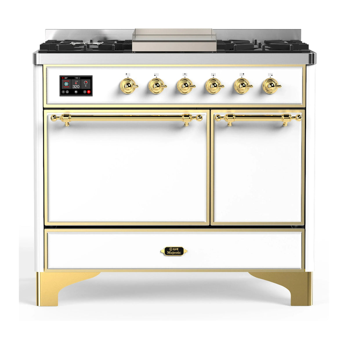 ILVE Majestic III 40-Inch NG Dual Fuel Range, 6 Burners, Griddle, Solid Door Oven, White with Brass Trim (UMD40FQNR3WHG)