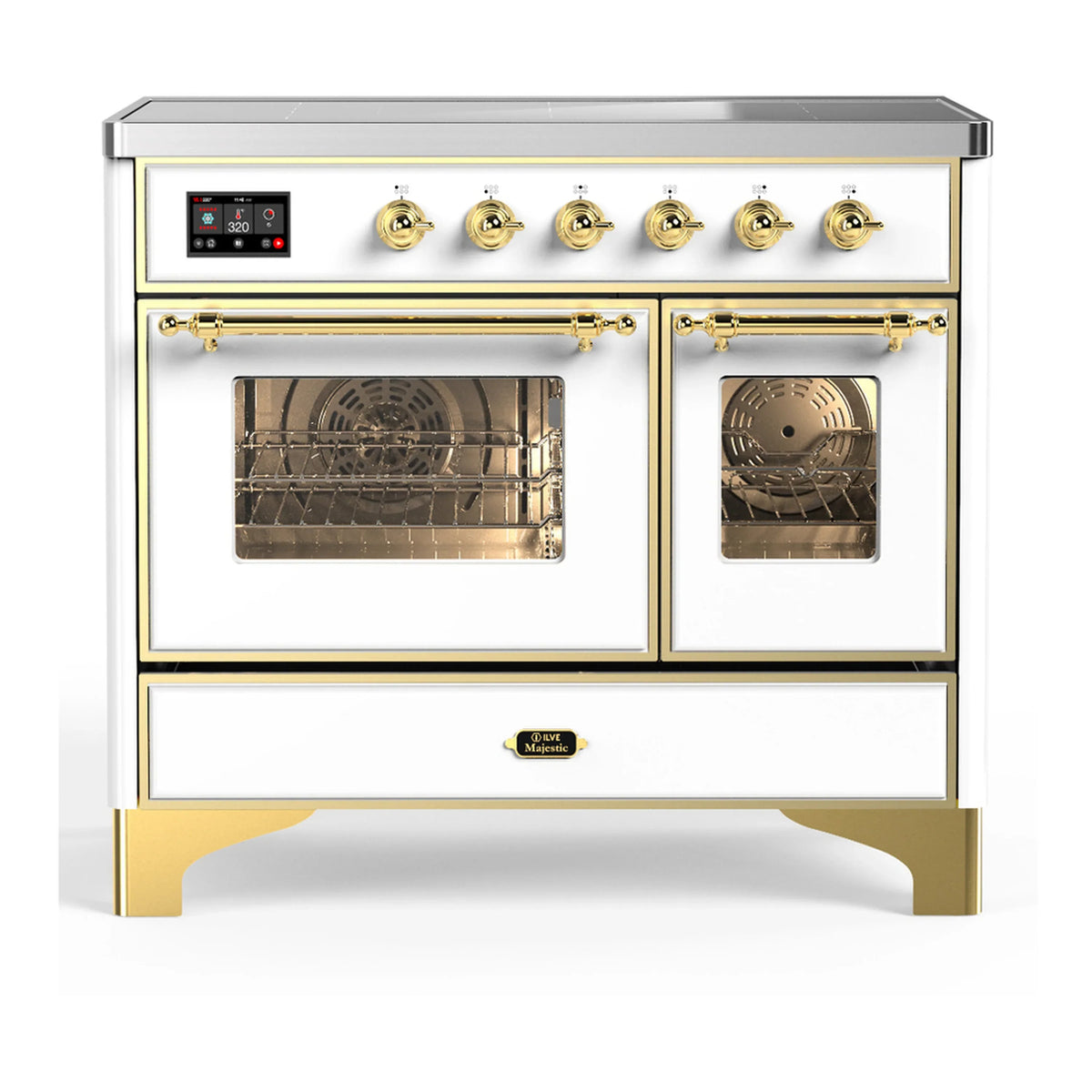 ILVE Majestic III 40-Inch Induction Range, 6 Elements, Triple Glass Door Electric Oven, White with Brass Trim (UMDIB40NR3WHG)