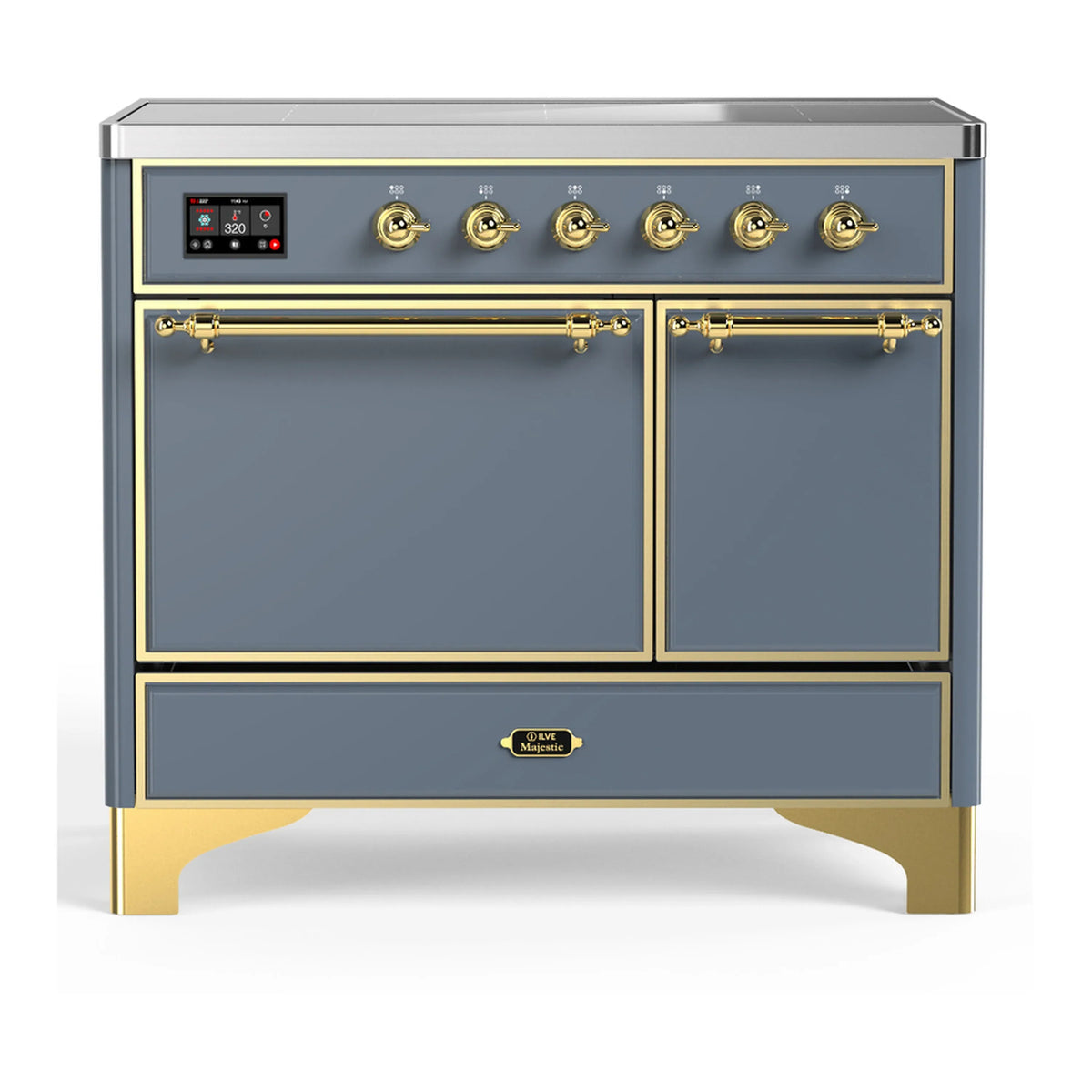 ILVE Majestic III 40-Inch Induction Range, 6 Elements, Solid Door Electric Oven, Blue Grey with Brass Trim (UMDIB40QNR3BGG)