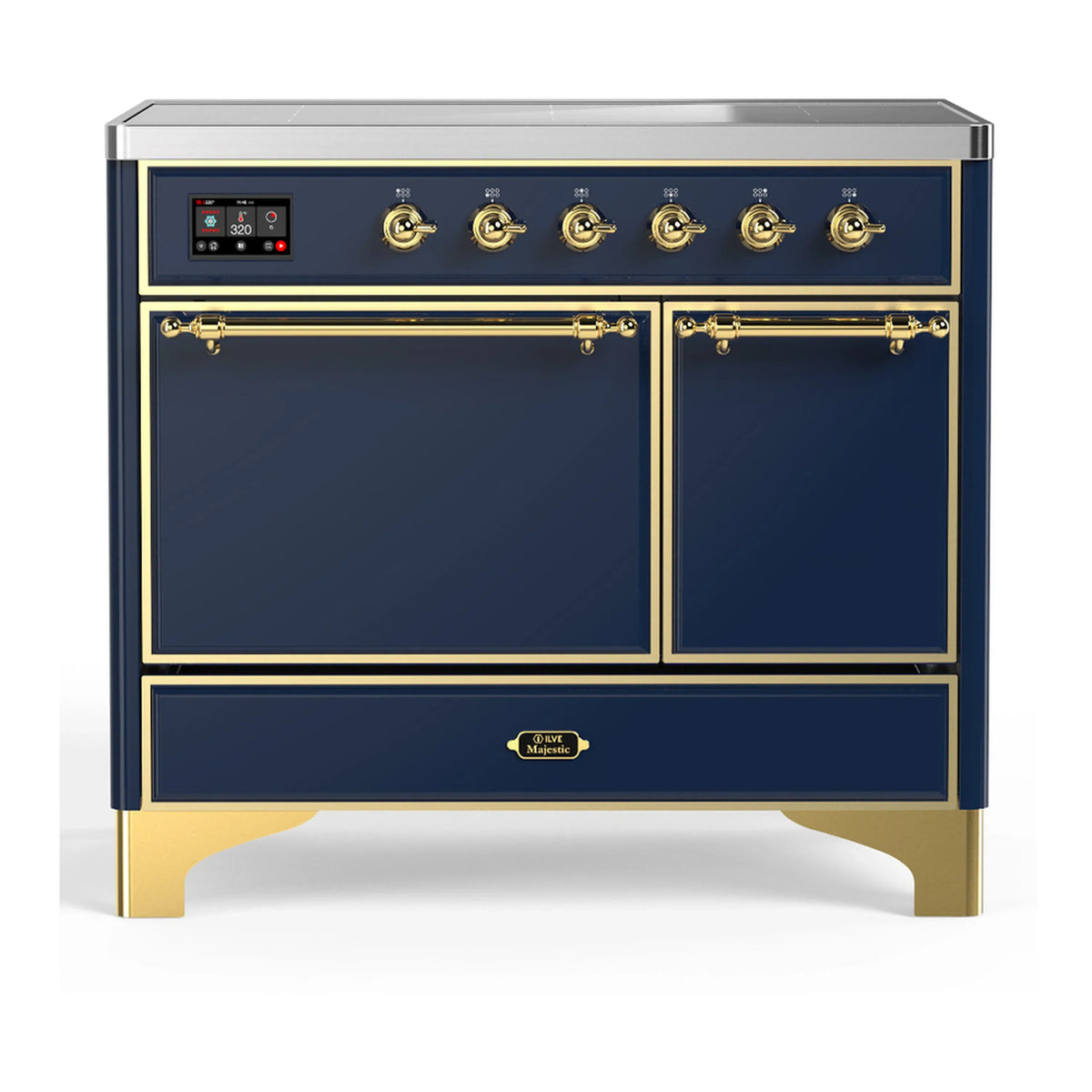 ILVE Majestic III 40-Inch Induction Range, 6 Elements, Solid Door Electric Oven, Midnight Blue with Brass Trim (UMDIB40QNR3MBG)