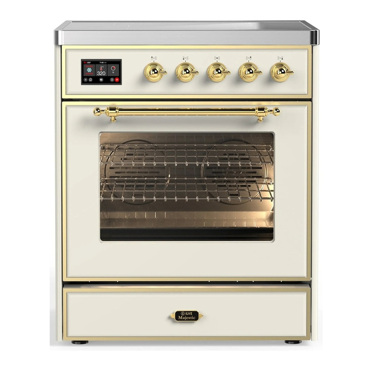 ILVE Majestic III 30-Inch Induction Range, 4 Elements, Triple Glass Door Electric Oven, Antique White with Brass Trim (UMIB30NR3AWG)