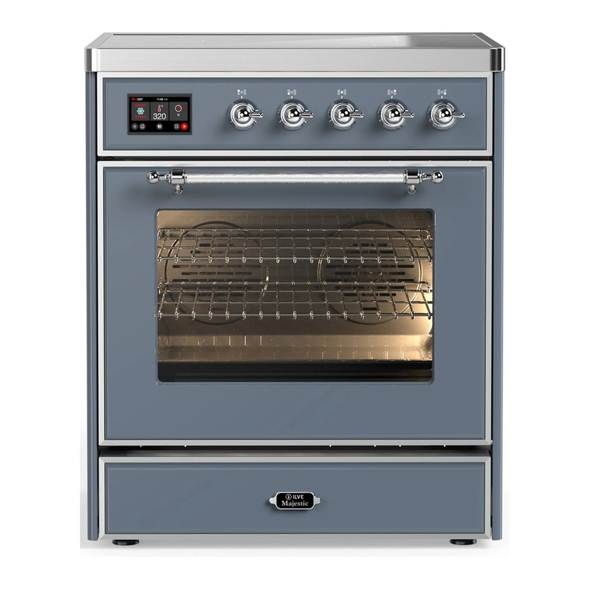 ILVE Majestic III 30-Inch Induction Range, 4 Elements, Triple Glass Door Electric Oven, Blue Grey with Chrome Trim (UMIB30NR3BGC)