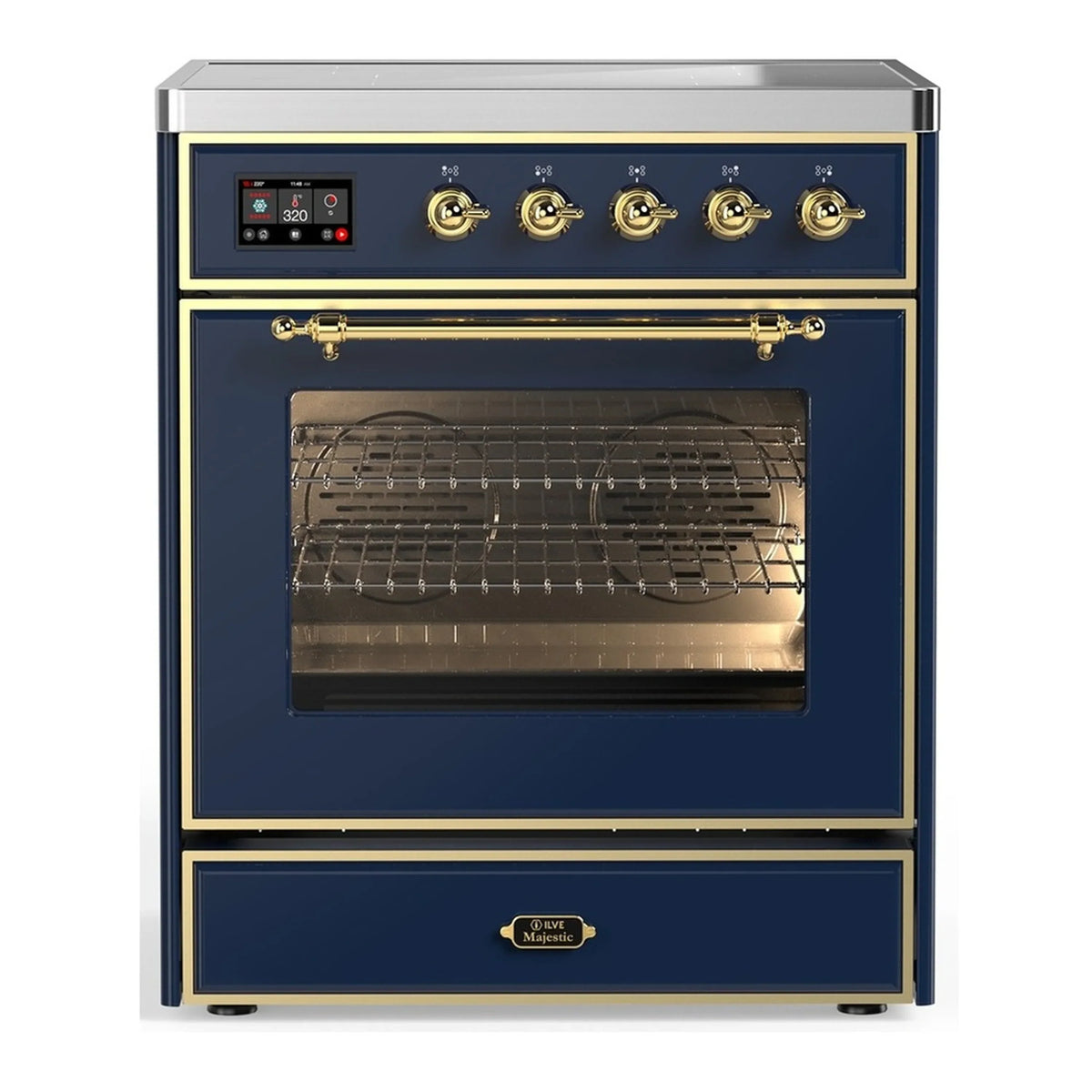 ILVE Majestic III 30-Inch Induction Range, 4 Elements, Triple Glass Door Electric Oven, Midnight Blue with Brass Trim (UMIB30NR3MBG)