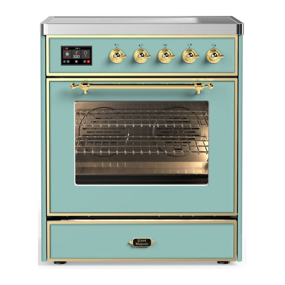 ILVE Majestic III 30-Inch Induction Range, 4 Elements, Triple Glass Door Electric Oven, Mediterranean Mint with Brass Trim (UMIB30NR3MMG)