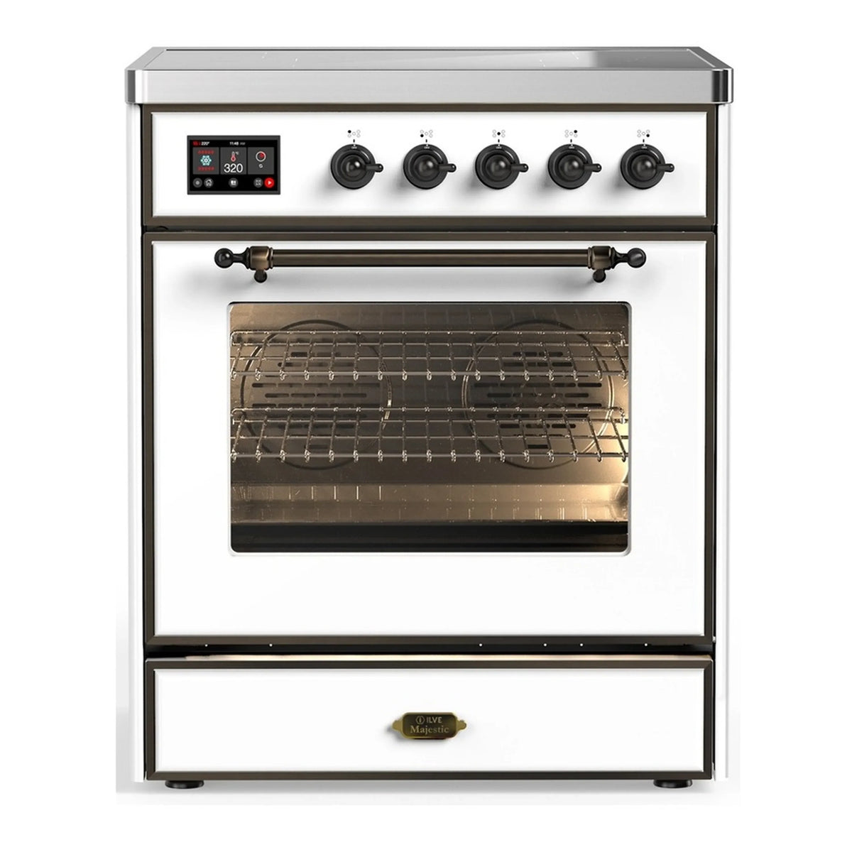 ILVE Majestic III 30-Inch Induction Range, 4 Elements, Triple Glass Door Electric Oven, White with Burnished Trim (UMIB30NR3WHB)
