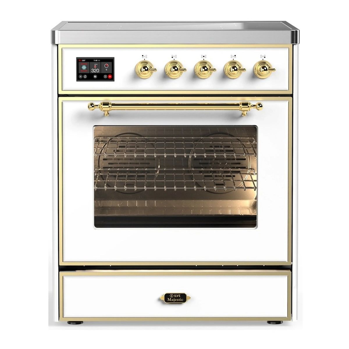 ILVE Majestic III 30-Inch Induction Range, 4 Elements, Triple Glass Door Electric Oven, White with Brass Trim (UMIB30NR3WHG)