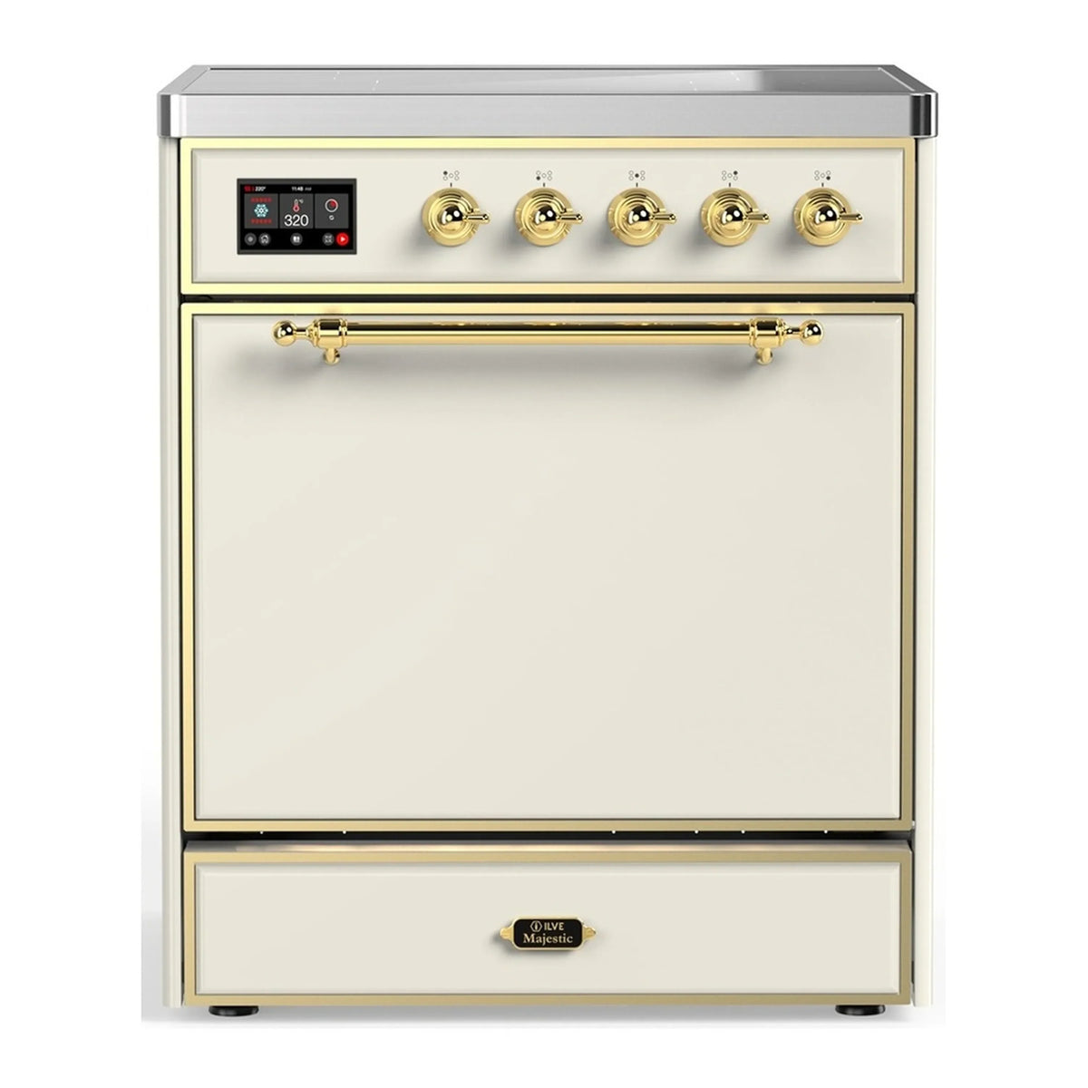 ILVE Majestic III 30-Inch Induction Range, 4 Elements, Solid Door Electric Oven, Antique White with Brass Trim (UMIB30QNR3AWG)