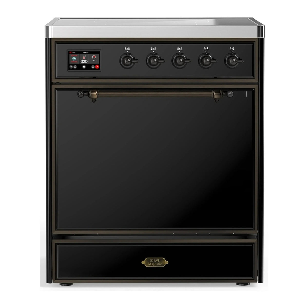 ILVE Majestic III 30-Inch Induction Range, 4 Elements, Solid Door Electric Oven, Glossy Black with Burnished Trim (UMIB30QNR3BKB)