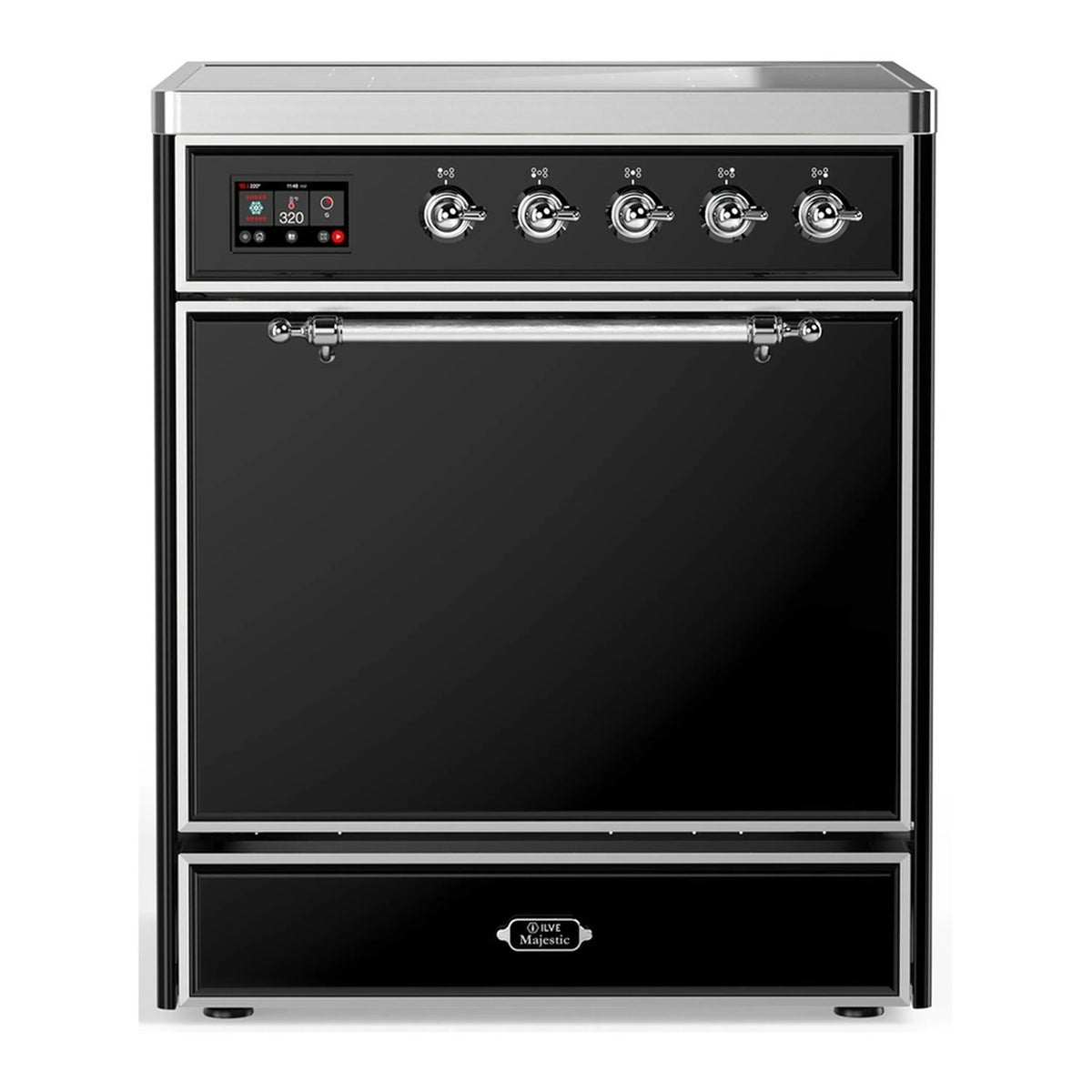 ILVE Majestic III 30-Inch Induction Range, 4 Elements, Solid Door Electric Oven, Glossy Black with Chrome Trim (UMIB30QNR3BKC)