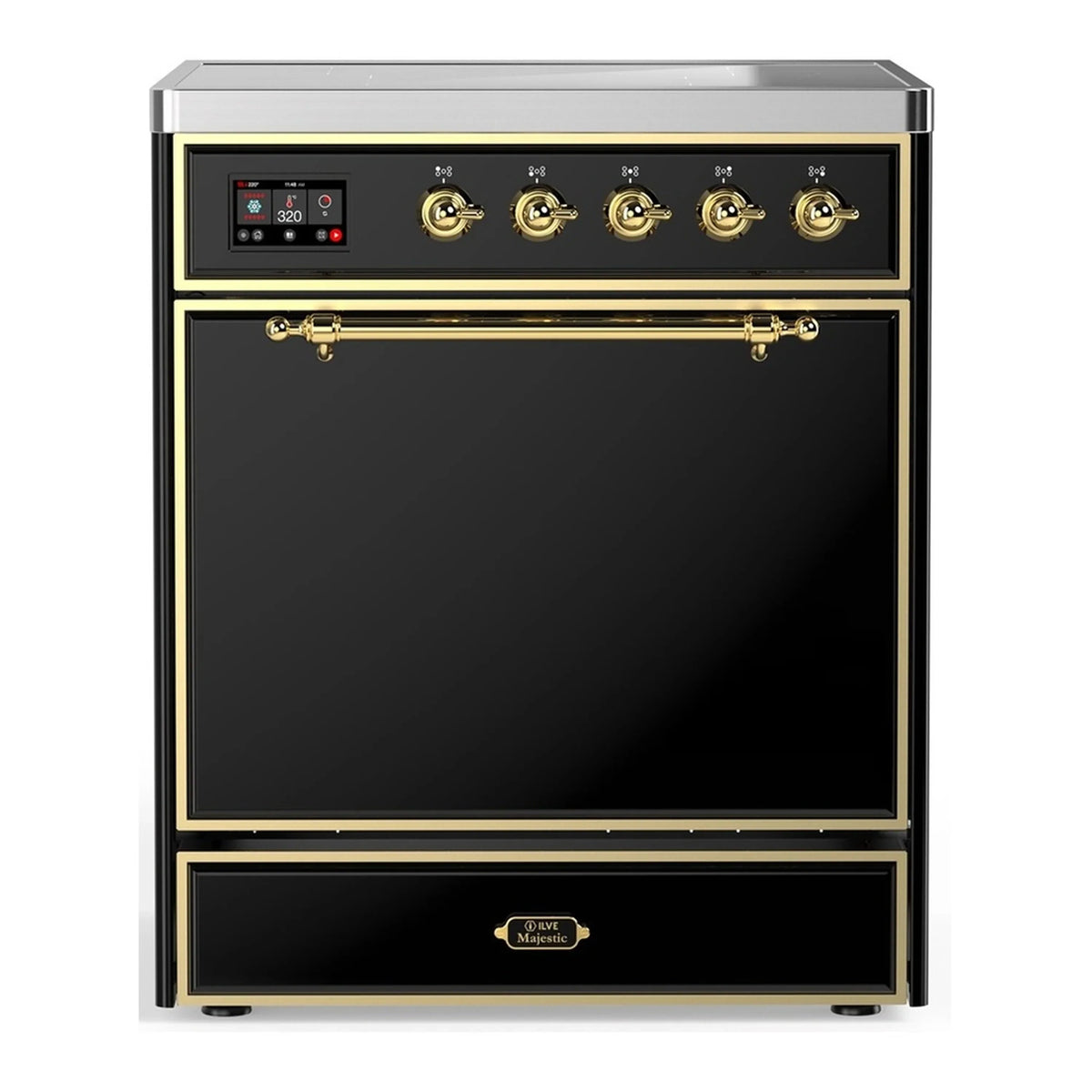 ILVE Majestic III 30-Inch Induction Range, 4 Elements, Solid Door Electric Oven, Glossy Black with Brass Trim (UMIB30QNR3BKG)